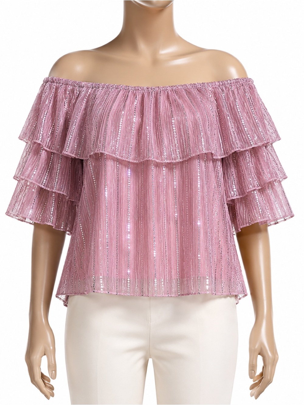 Off-Shoulder Ruffle Knit Top in Blush Pink